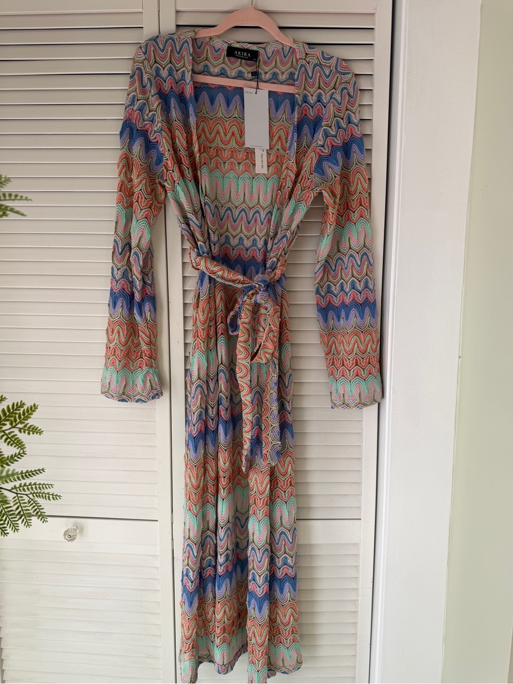 AKIRA Multicolor Wave-Print Long Sleeve Maxi Wrap Dress